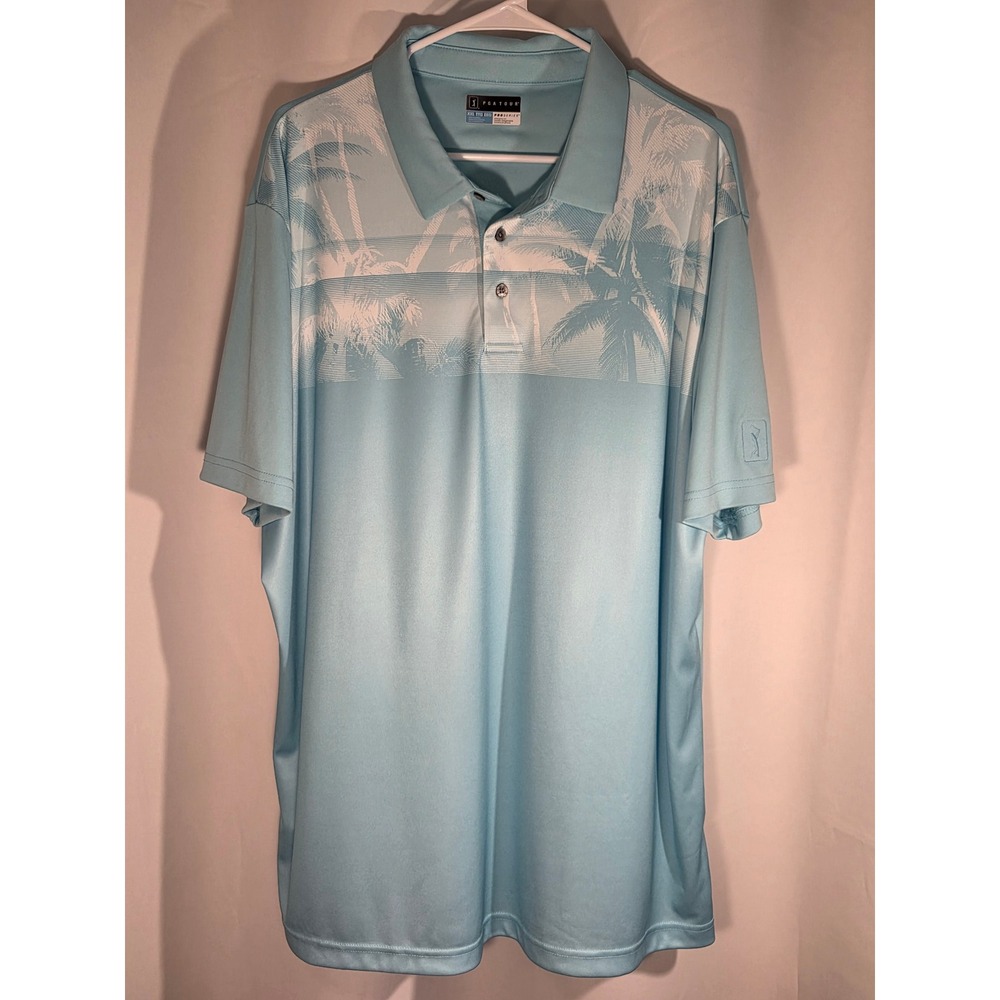 PGA Tour Golf Polo Mens XXL Blue Excellent Palm Tree Graphic Pro Series Shirt